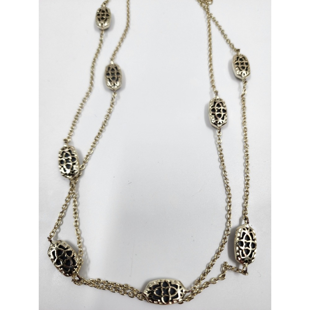 Kendra Scott Black Drusy Elisa Station Long Necklace Gold Tone Filigree - Picture 3 of 6